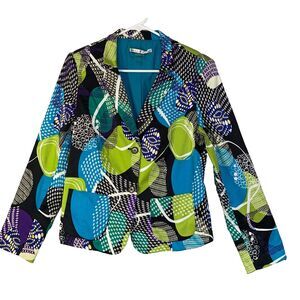 Peter Nygard Artsy Blazer Jacket Womens 8 Blue Green Art to Wear Buttons Pockets